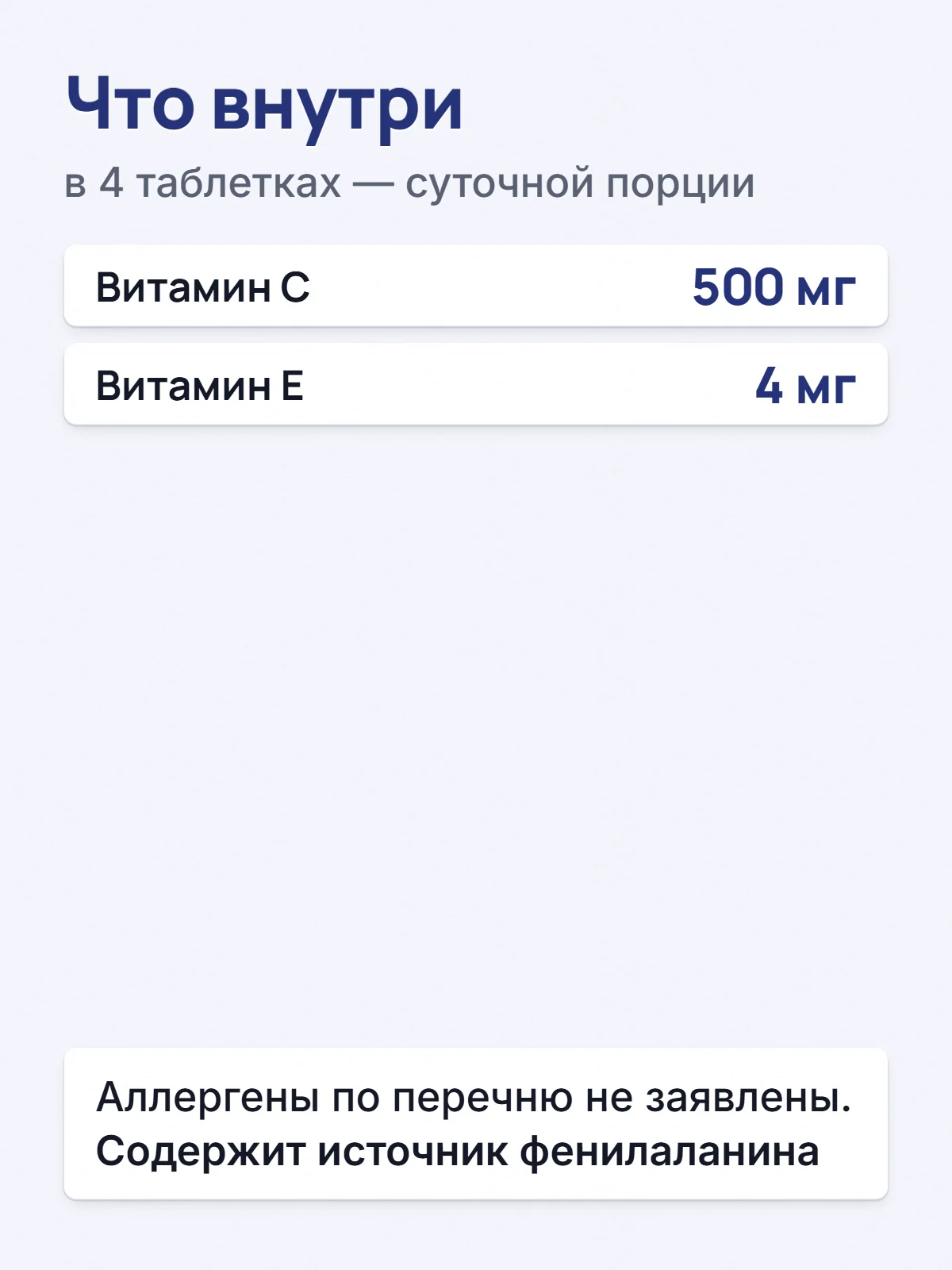 Что внутри. в 4 таблетках — суточной порции. Витамин C. 500 мг. Витамин Е. 4 мг. Аллергены по перечню не заявлены. Содержит источник фенилаланина.