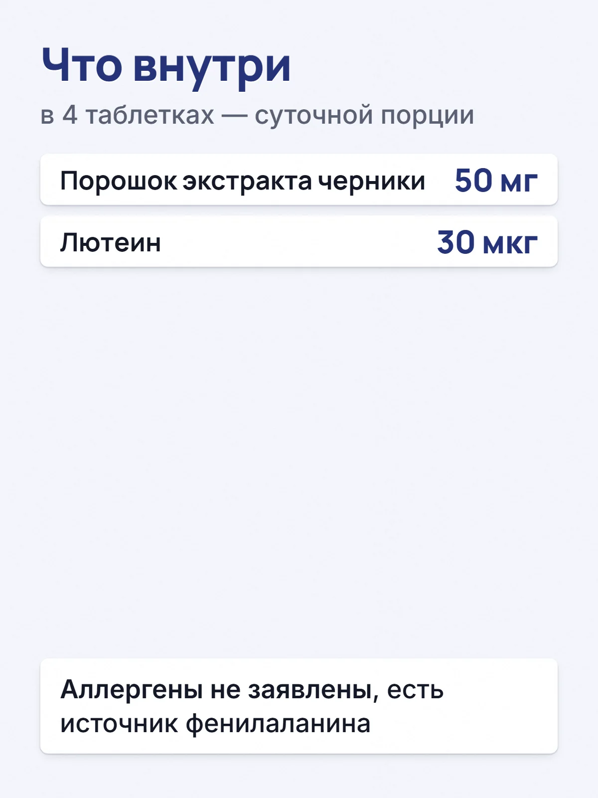 Что внутри. в 4 таблетках — суточной порции. Порошок экстракта черники. 50 мг. Лютеин. 30 мкг. Аллергены не заявлены, есть источник фенилаланина.