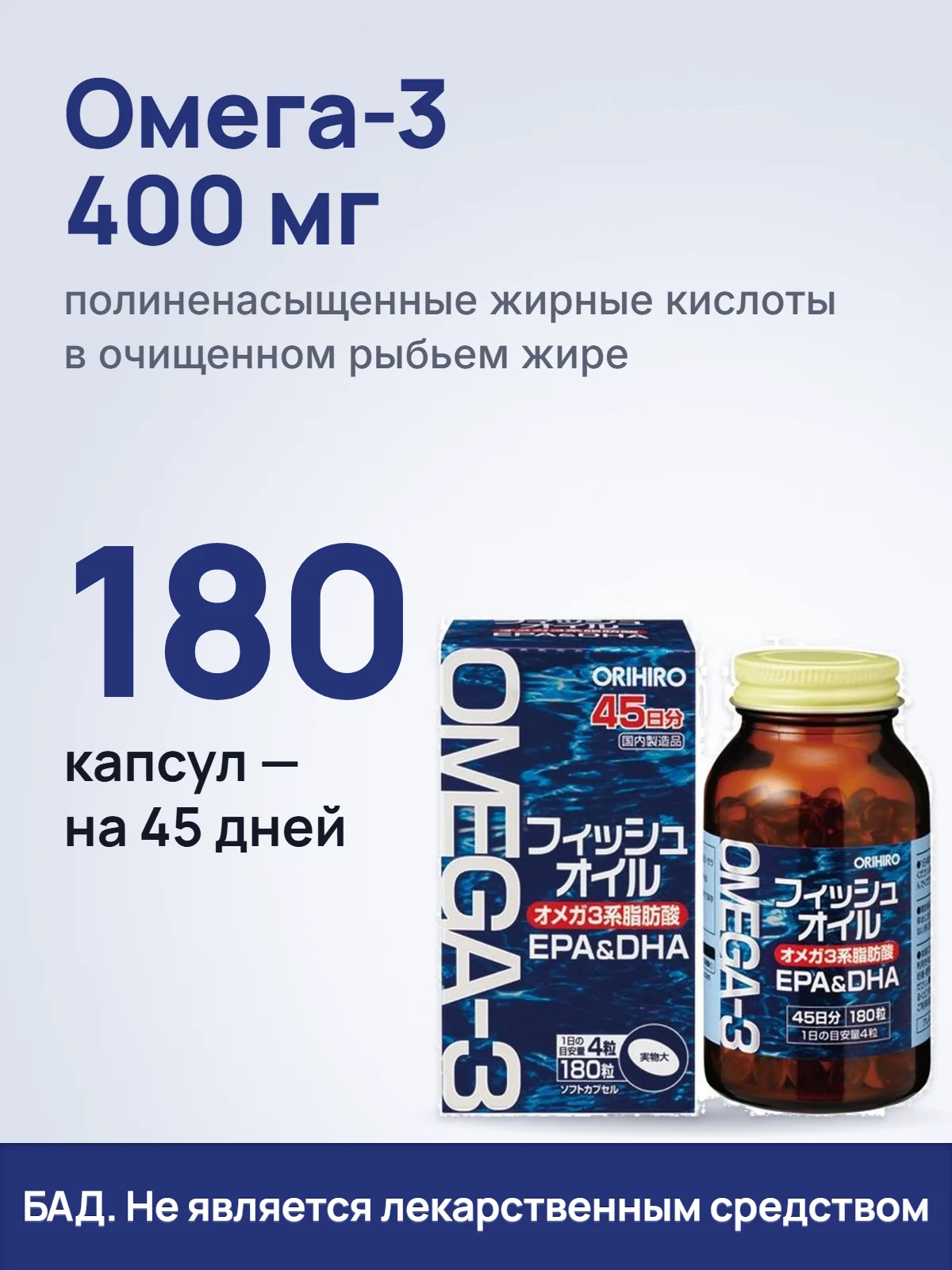 Омега-3 400 мг. полиненасыщенные жирные кислоты в очищенном рыбьем жире. 180. капсул — на 45 дней. БАД. Не является лекарственным средством.