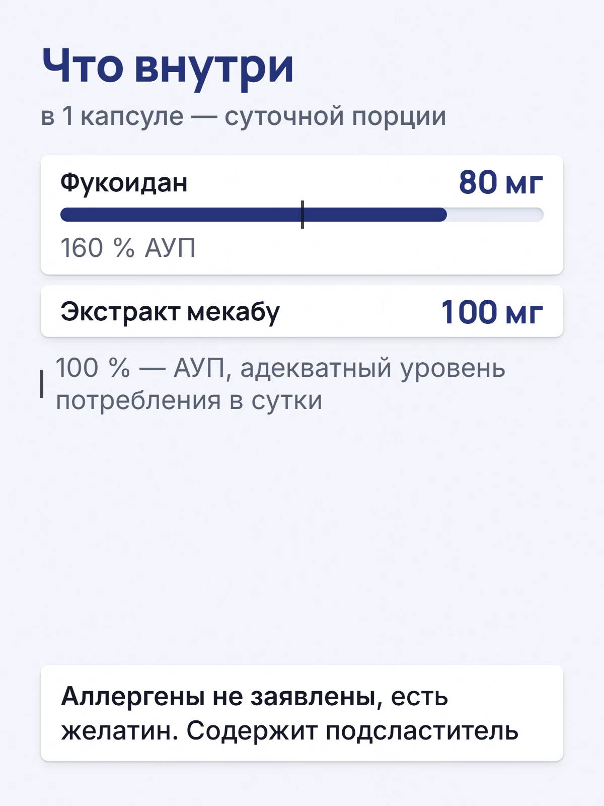 Что внутри. в 1 капсуле — суточной порции. Фукоидан. 80 мг. 160 % АУП. Экстракт мекабу. 100 мг. 100 % — АУП, адекватный уровень потребления в сутки. Аллергены не заявлены, есть желатин. Содержит подсластитель.